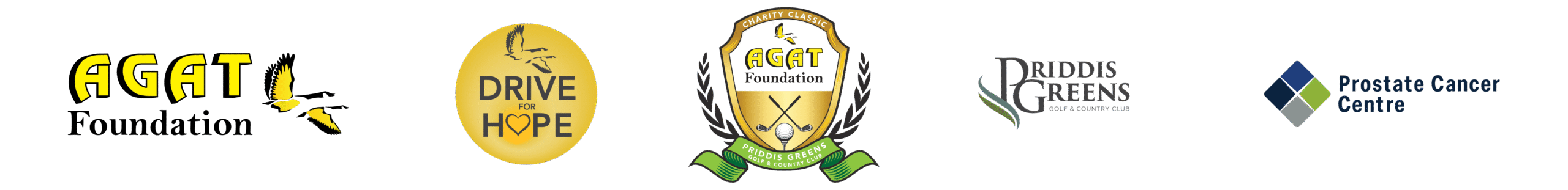 AGAT Foundation, Drive for Hope, AGAT Charity Classic, Priddis Greens and Prostate Cancer Centre Logos